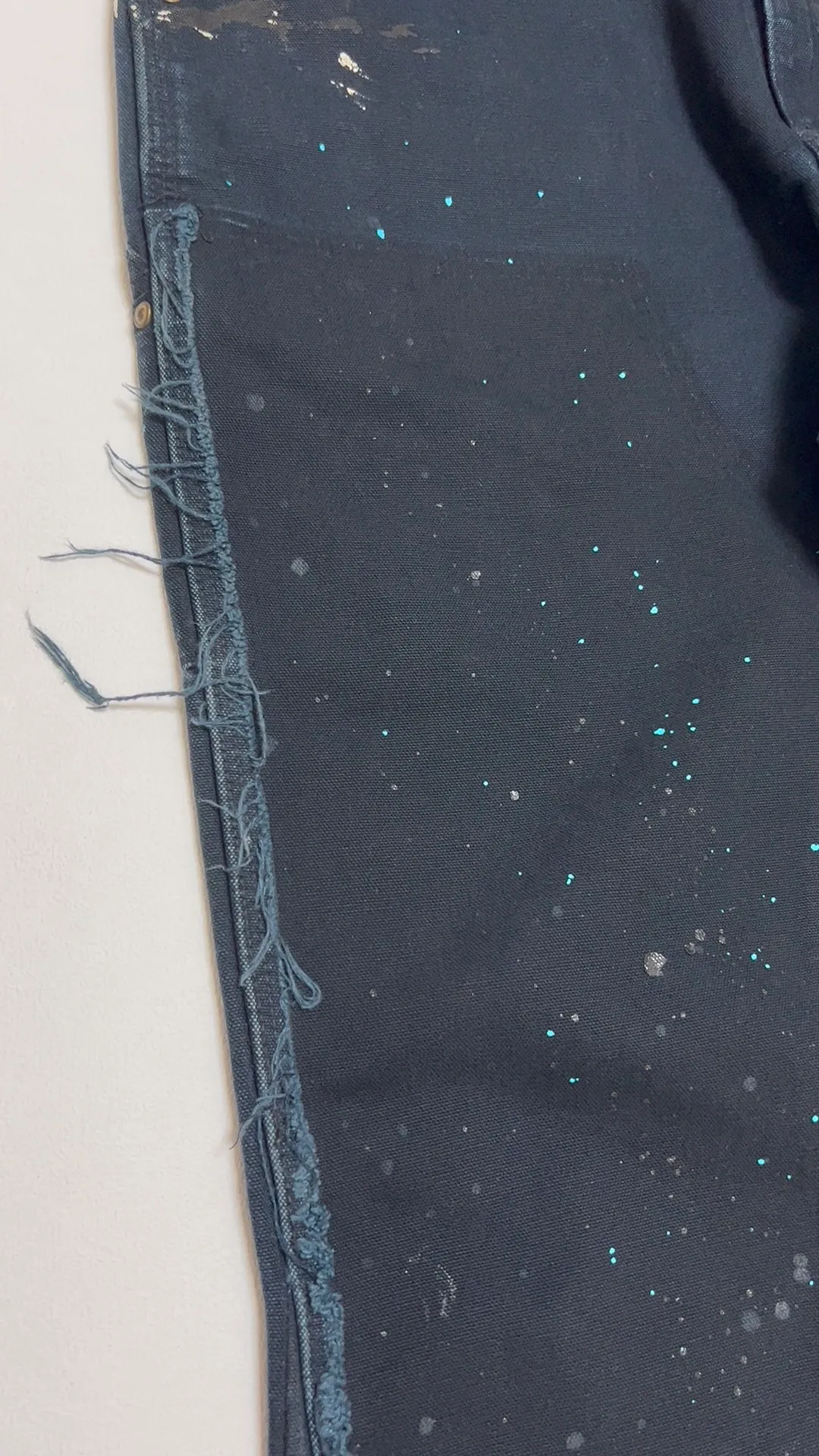 Carhartt trousers modified with deconstructed and modified version GALLERY DEPT. LA FLARE CARPENTER PANTS First generation paint-splashed and ink-washed flared logging pants Carhartt base plate modified overalls turquoise black S-XL